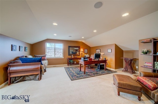 1061 Lookabout Ln, Manhattan, MT 59741 - office with carpet flooring, vaulted ceiling, baseboards, and recessed lighting
