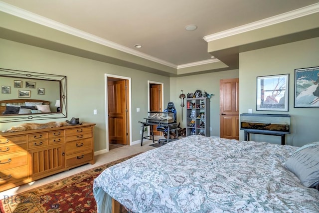 1061 Lookabout Ln, Manhattan, MT 59741 - bedroom featuring light carpet, ornamental molding, baseboards, recessed lighting, and a tray ceiling