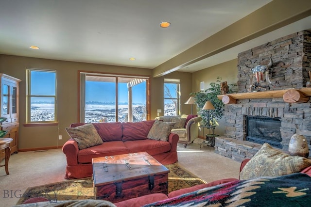 1061 Lookabout Ln, Manhattan, MT 59741 - living area with carpet flooring, baseboards, a fireplace, and recessed lighting