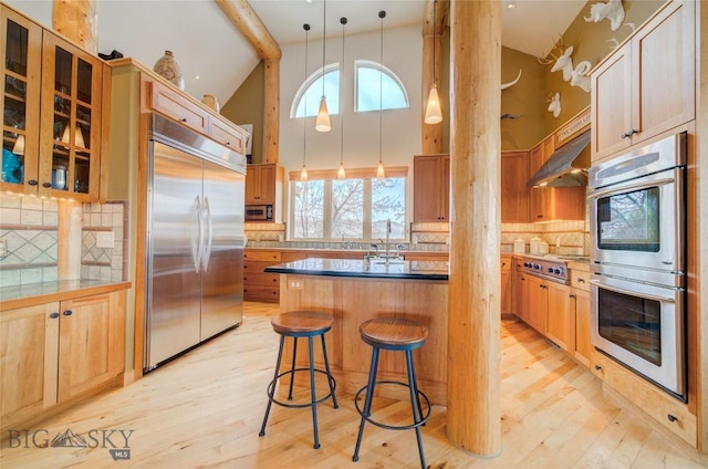 1061 Lookabout Ln, Manhattan, MT 59741 - kitchen featuring stainless steel appliances, light wood-style floors, healthy amount of natural light, high vaulted ceiling, and beam ceiling