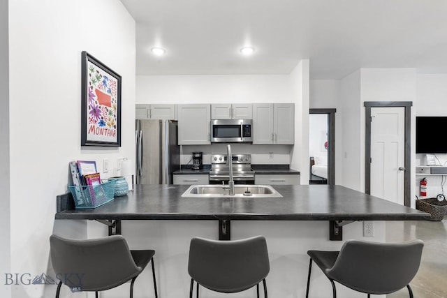 kitchen with gray cabinets, a breakfast bar, stainless steel appliances, and sink