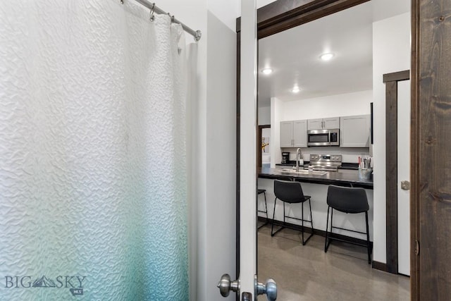 bathroom with a shower with curtain and sink