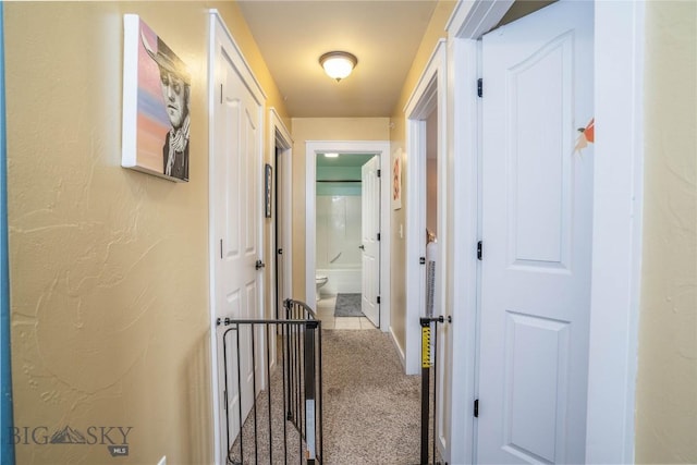 hall featuring carpet flooring