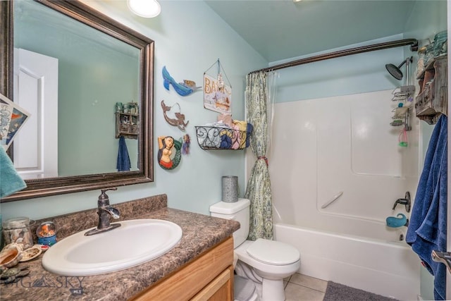 full bathroom with tile patterned flooring, shower / bath combo, toilet, and vanity