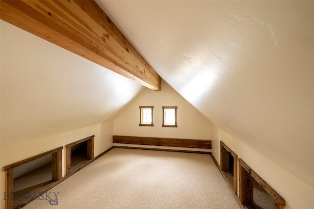 additional living space featuring light colored carpet and lofted ceiling