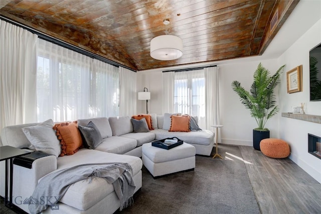 living room featuring dark hardwood / wood-style flooring, wooden ceiling, brick ceiling, and vaulted ceiling