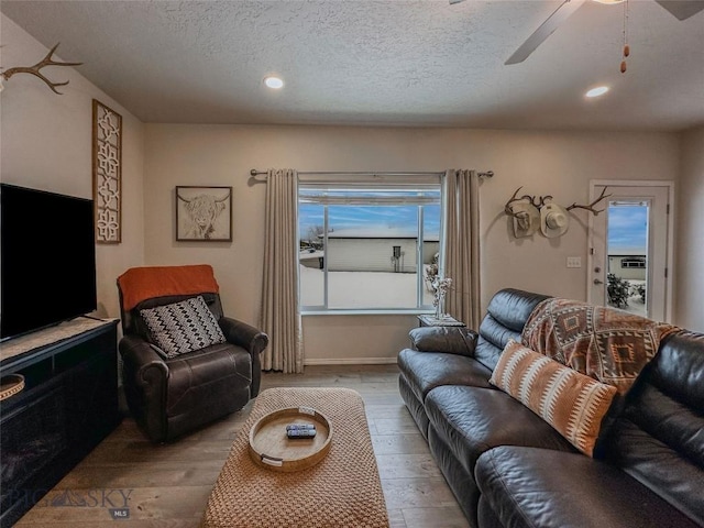 living room featuring a wealth of natural light, a textured ceiling, and light wood-type flooring