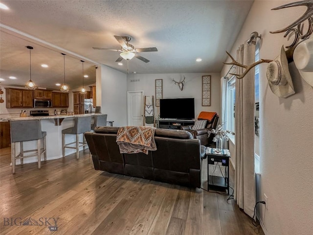 living room featuring ceiling fan, dark wood-type flooring, and a textured ceiling