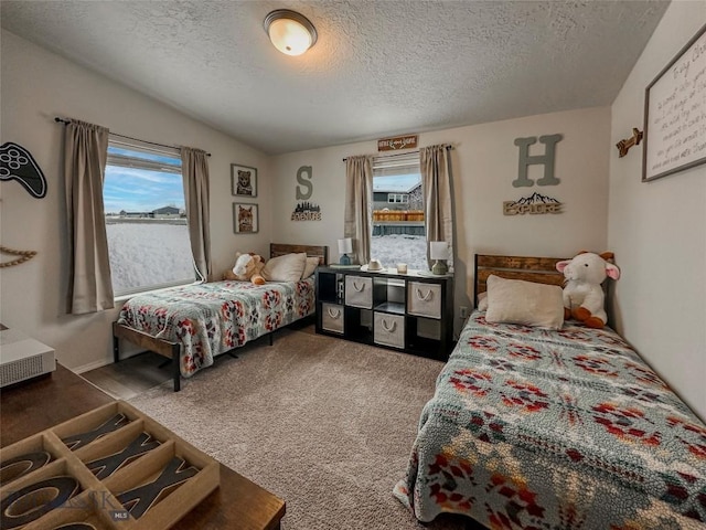 bedroom featuring dark carpet, vaulted ceiling, and a textured ceiling