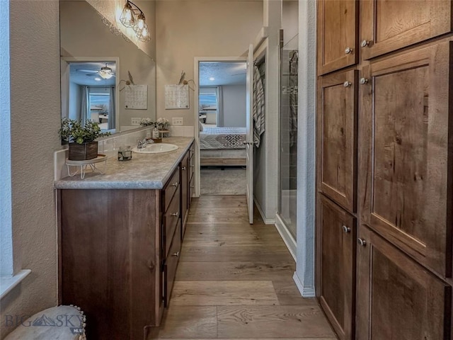 bathroom with vanity, hardwood / wood-style flooring, and walk in shower