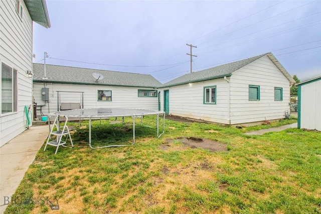 rear view of property featuring a lawn and a trampoline