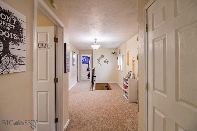 hall with carpet floors and a textured ceiling