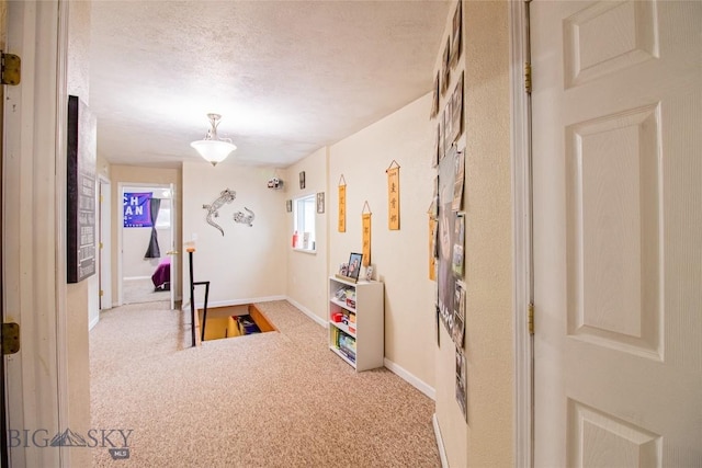 workout room featuring light colored carpet and a textured ceiling