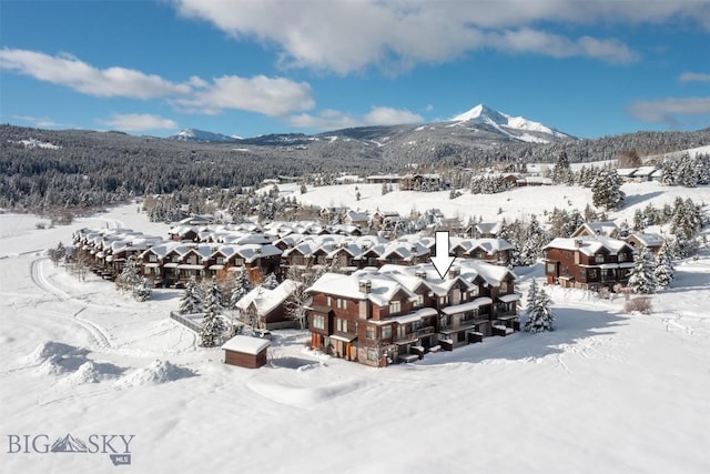 snowy aerial view featuring a mountain view