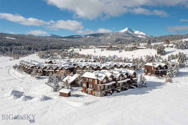 snowy aerial view featuring a mountain view