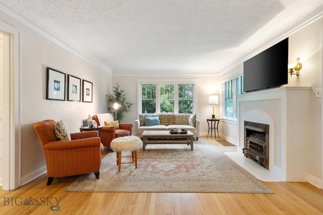 living room with light hardwood / wood-style floors, ornamental molding, and a textured ceiling