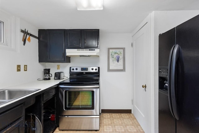 kitchen with black fridge with ice dispenser and stainless steel range with electric cooktop