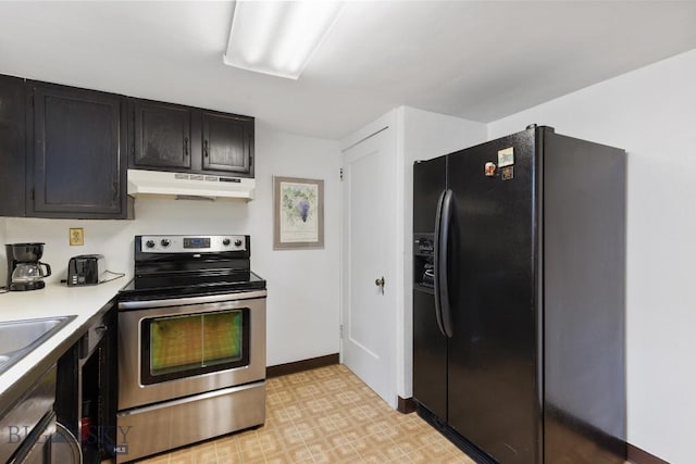 kitchen with black refrigerator with ice dispenser and stainless steel range with electric cooktop