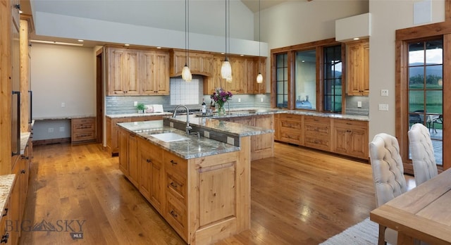 kitchen featuring a kitchen island with sink, a sink, light stone countertops, light wood finished floors, and decorative light fixtures