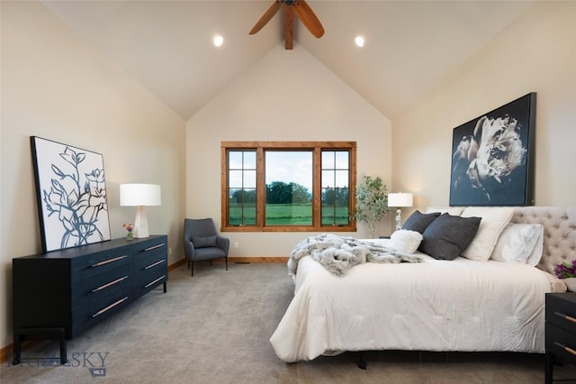 bedroom featuring ceiling fan, high vaulted ceiling, carpet floors, baseboards, and beam ceiling