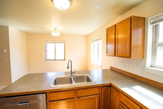 kitchen with a peninsula, stainless steel dishwasher, a sink, and a wealth of natural light