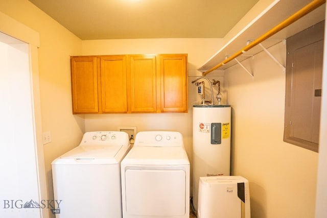 washroom with electric panel, cabinet space, washing machine and clothes dryer, and electric water heater