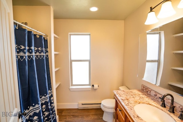 full bath featuring a baseboard radiator, recessed lighting, toilet, vanity, and wood finished floors