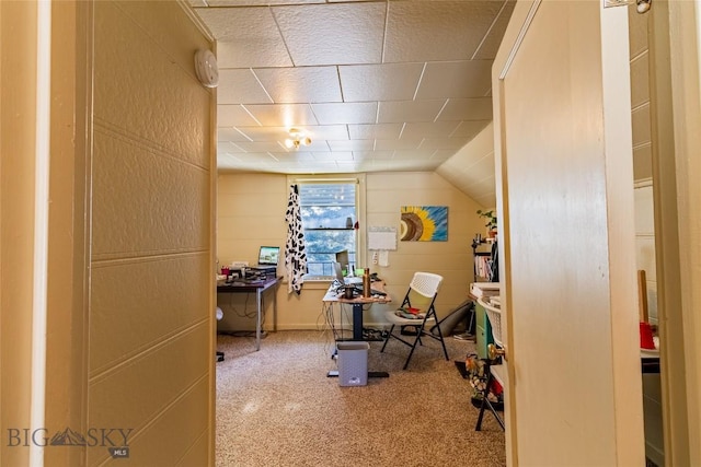 interior space featuring vaulted ceiling and carpet flooring