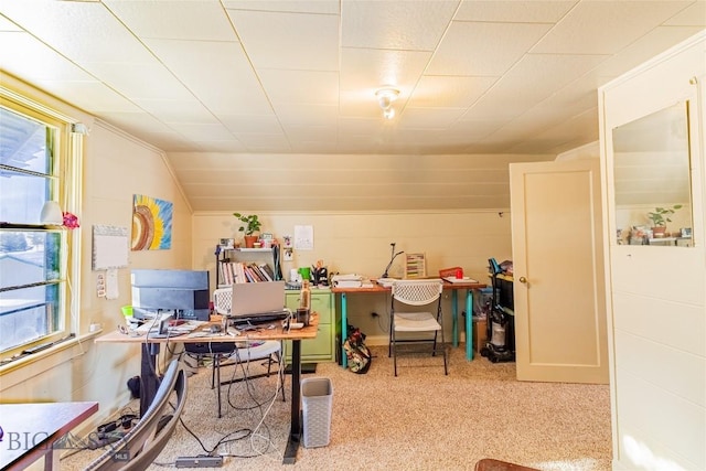 home office featuring vaulted ceiling