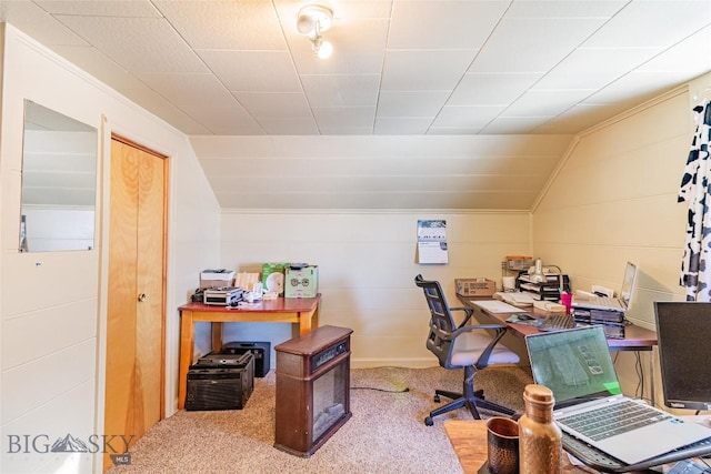 carpeted office with vaulted ceiling