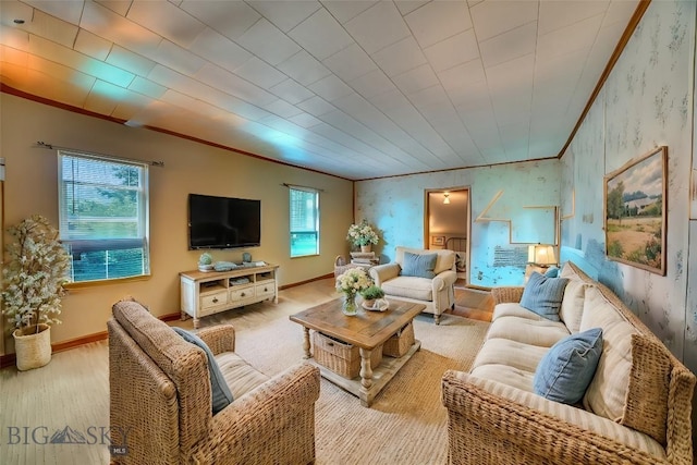 carpeted living room featuring crown molding