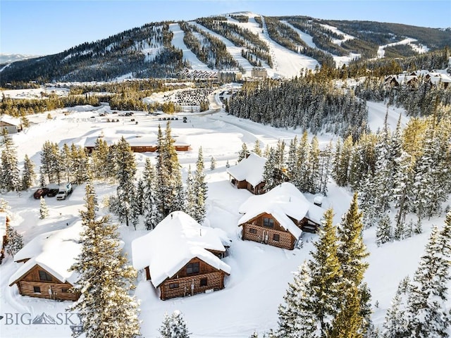 snowy aerial view featuring a mountain view