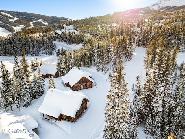 snowy aerial view featuring a mountain view