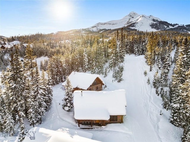 snowy aerial view with a mountain view