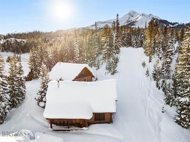 snowy aerial view featuring a mountain view