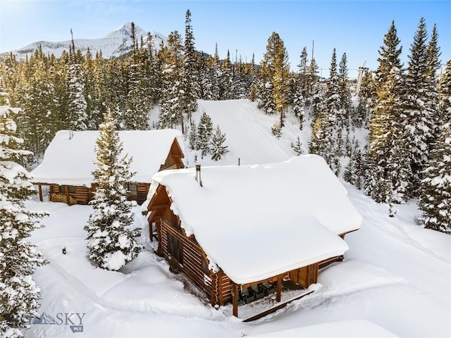 snowy aerial view with a mountain view