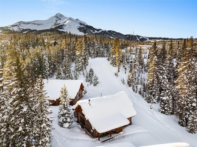 snowy aerial view with a mountain view