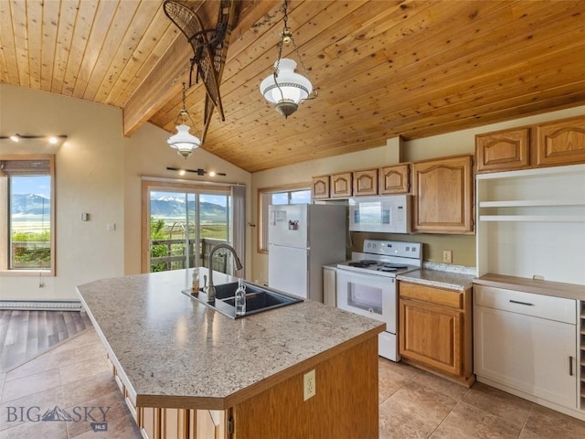 kitchen with white appliances, sink, vaulted ceiling with beams, an island with sink, and decorative light fixtures