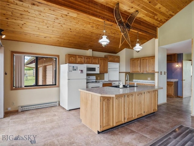 kitchen featuring white appliances, baseboard heating, sink, decorative light fixtures, and an island with sink