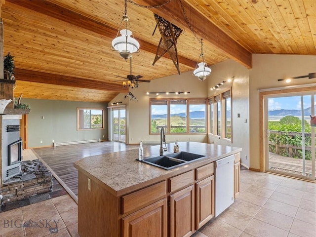 kitchen with wood ceiling, white dishwasher, sink, pendant lighting, and a center island with sink