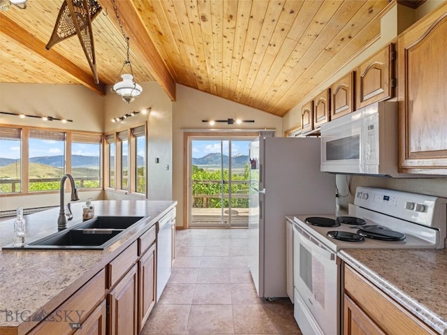 kitchen with pendant lighting, a mountain view, white appliances, sink, and wood ceiling