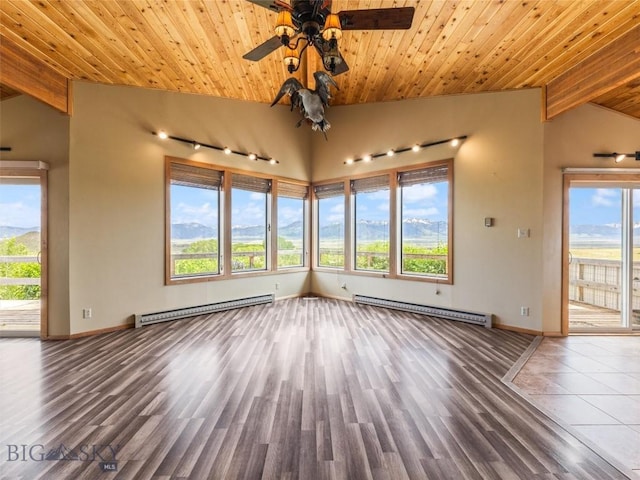 unfurnished living room featuring hardwood / wood-style floors, wood ceiling, and baseboard heating