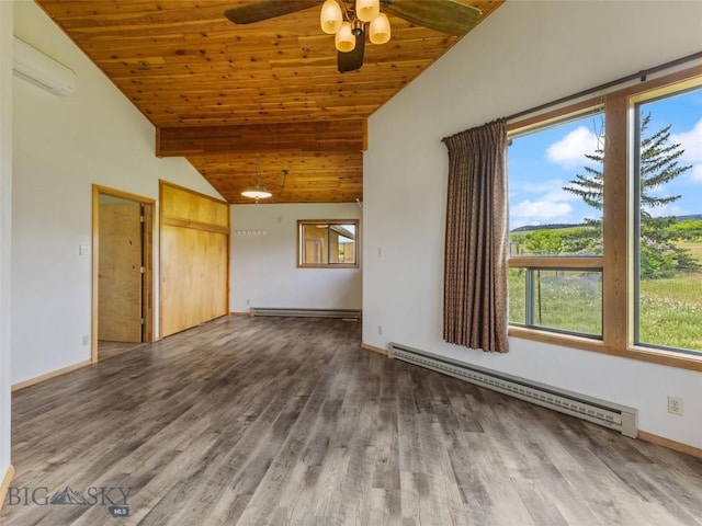 unfurnished living room featuring vaulted ceiling, wooden ceiling, and a baseboard heating unit