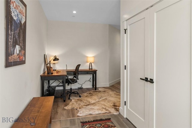 420 Sage Ave Unit B, Ennis, MT 59729 - office area with baseboards, wood finished floors, and recessed lighting