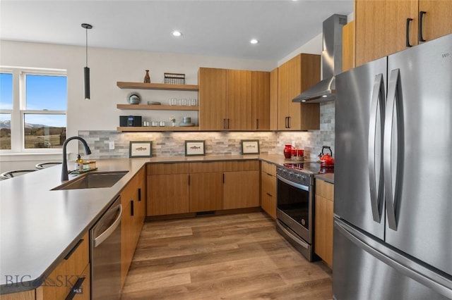420 Sage Ave Unit B, Ennis, MT 59729 - kitchen with stainless steel appliances, open shelves, wall chimney range hood, a sink, and tasteful backsplash