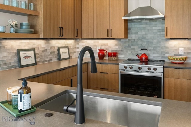 420 Sage Ave Unit B, Ennis, MT 59729 - kitchen with wall chimney exhaust hood, a sink, electric range, decorative backsplash, and open shelves