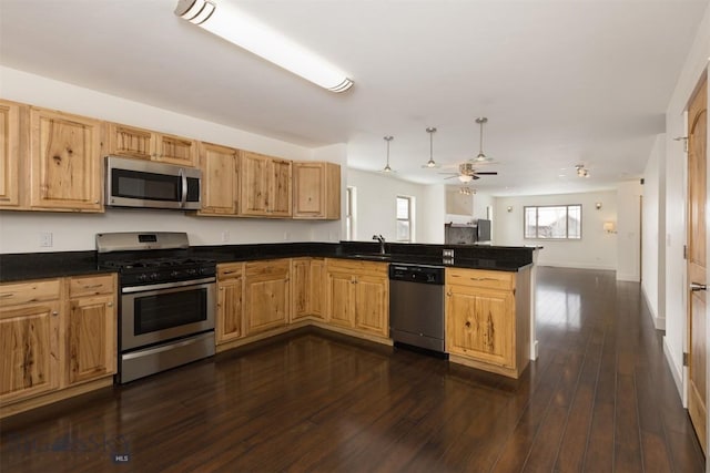 kitchen featuring kitchen peninsula, stainless steel appliances, ceiling fan, sink, and dark hardwood / wood-style floors