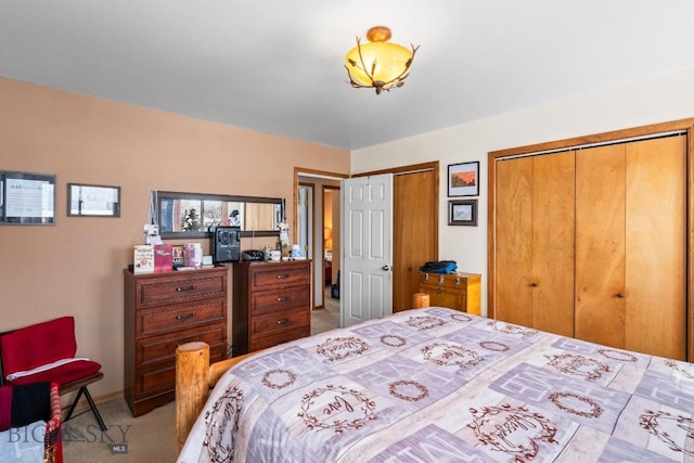 carpeted bedroom featuring multiple closets