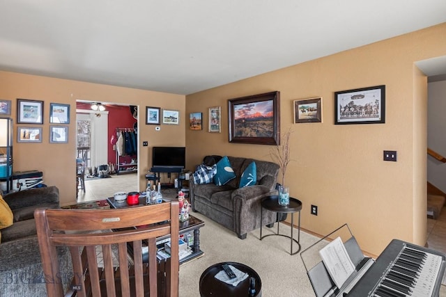 living room featuring light carpet