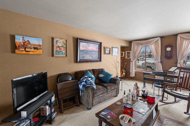 carpeted living room with a textured ceiling